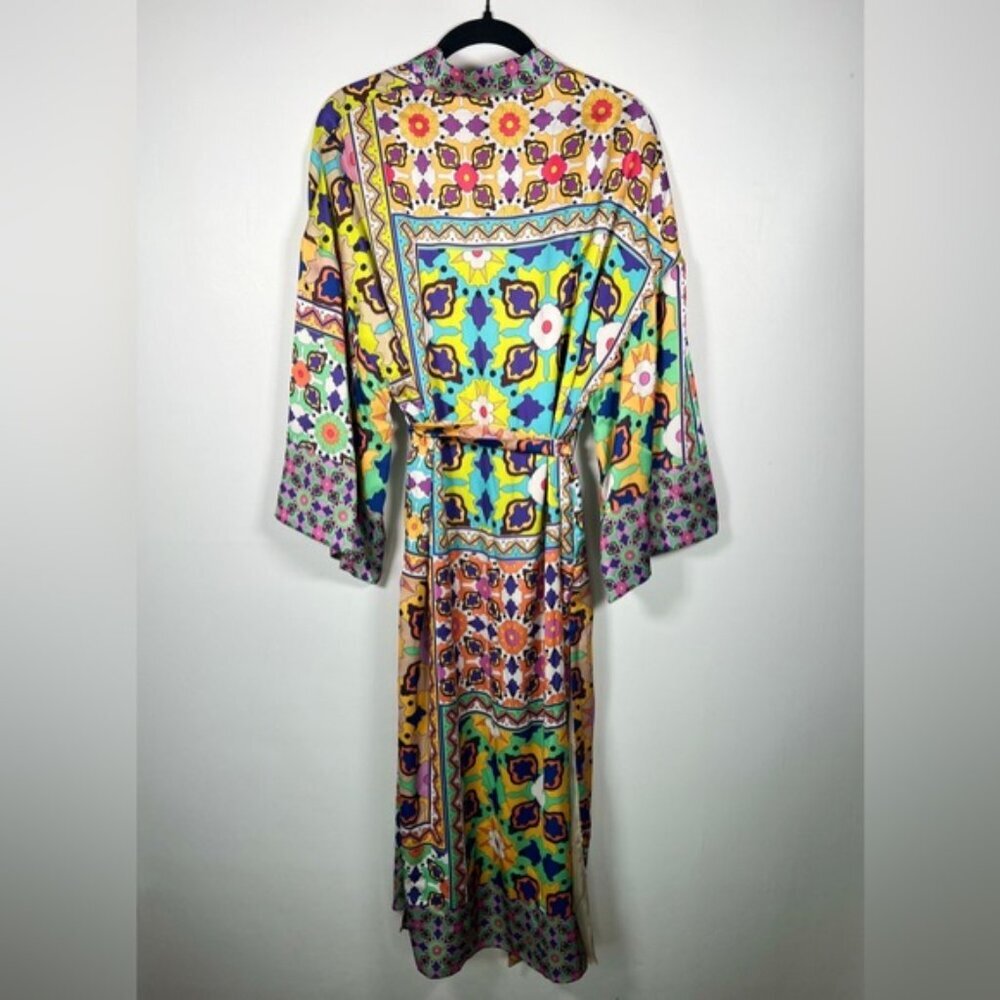 NWT ZARA KIMONO Multicolor Satin Tied Self Belt Slits Oversized 7753/032 Size‎ S - Picture 5 of 13
